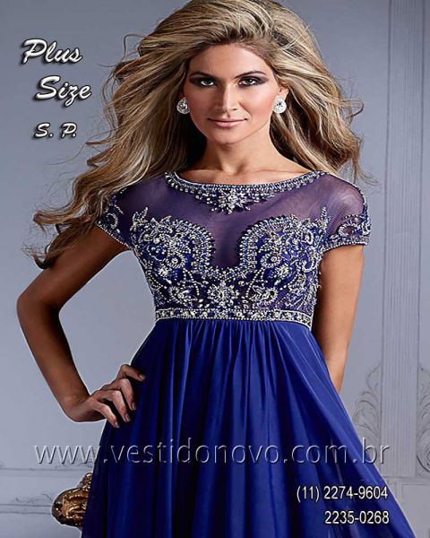 Vestido Mãe da Noiva, azul royal, transparencia, brilho e pedraria, Plus Size