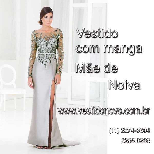 Vestido Bodas de Prata, Mãe da Noiva, em zibelin prata, manga longa todo cravejado de pedrarias