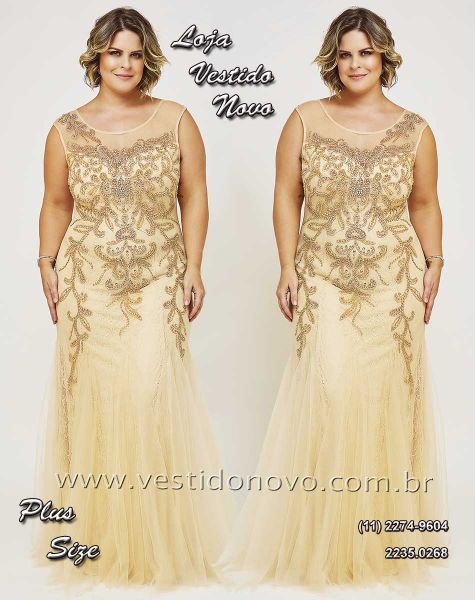 Vestido plus size, nude com dourado Mãe do noivo da LOJA VESTIDO NOVO zona sul de SP